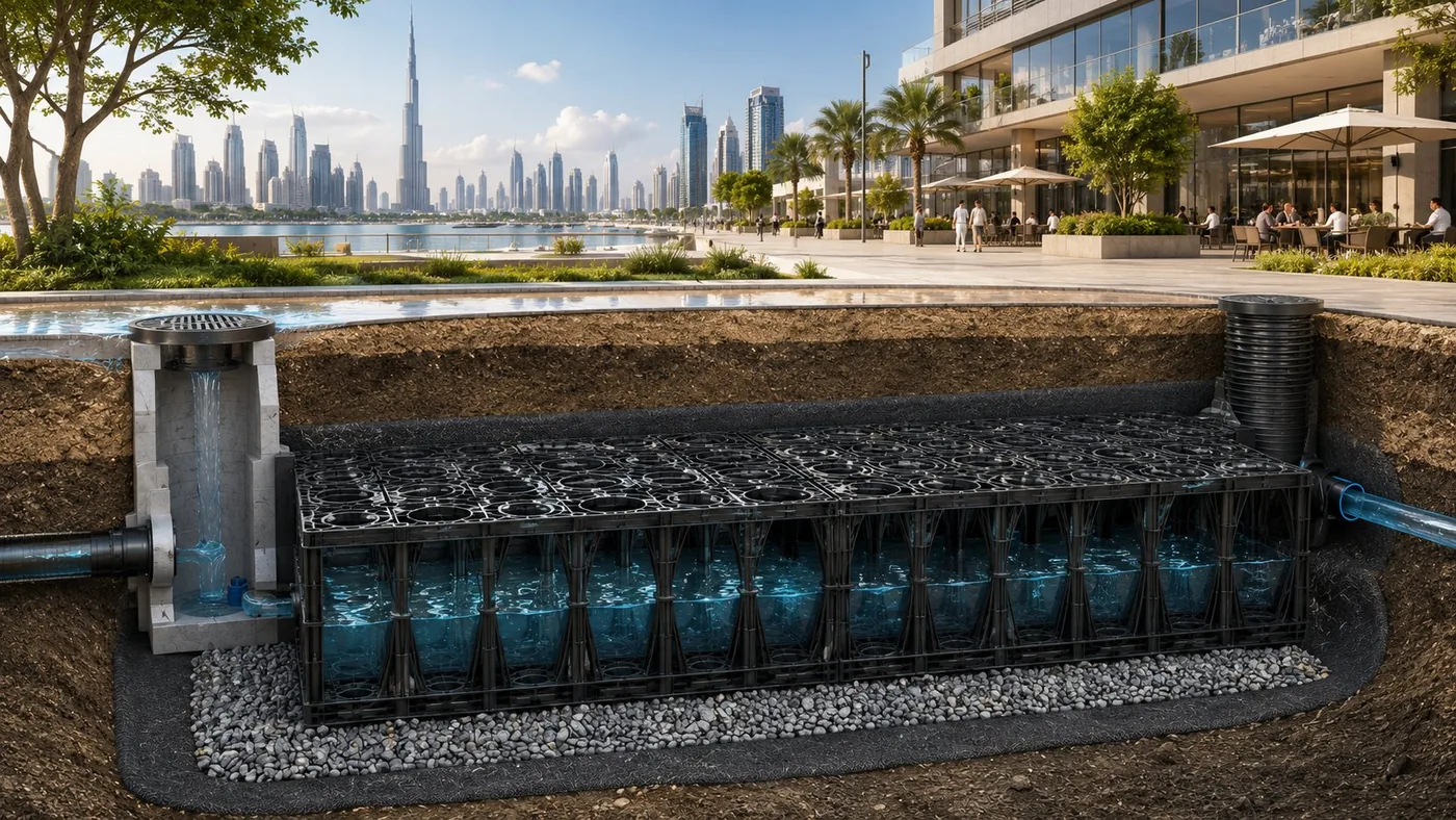 Underground stormwater module cutaway beneath a Dubai promenade