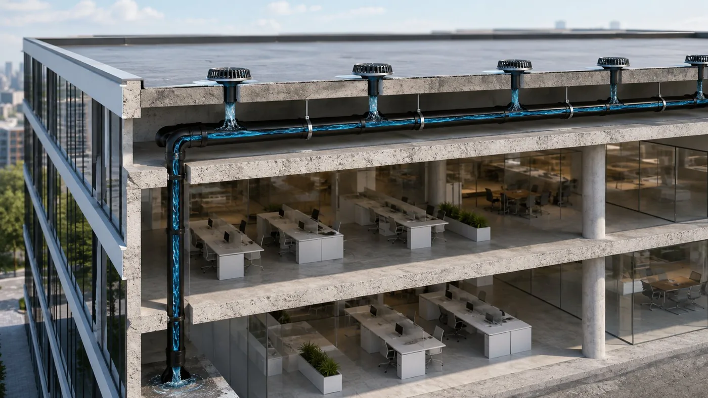 Siphonic roof drainage system visualisation showing outlets, collector pipe and single downpipe