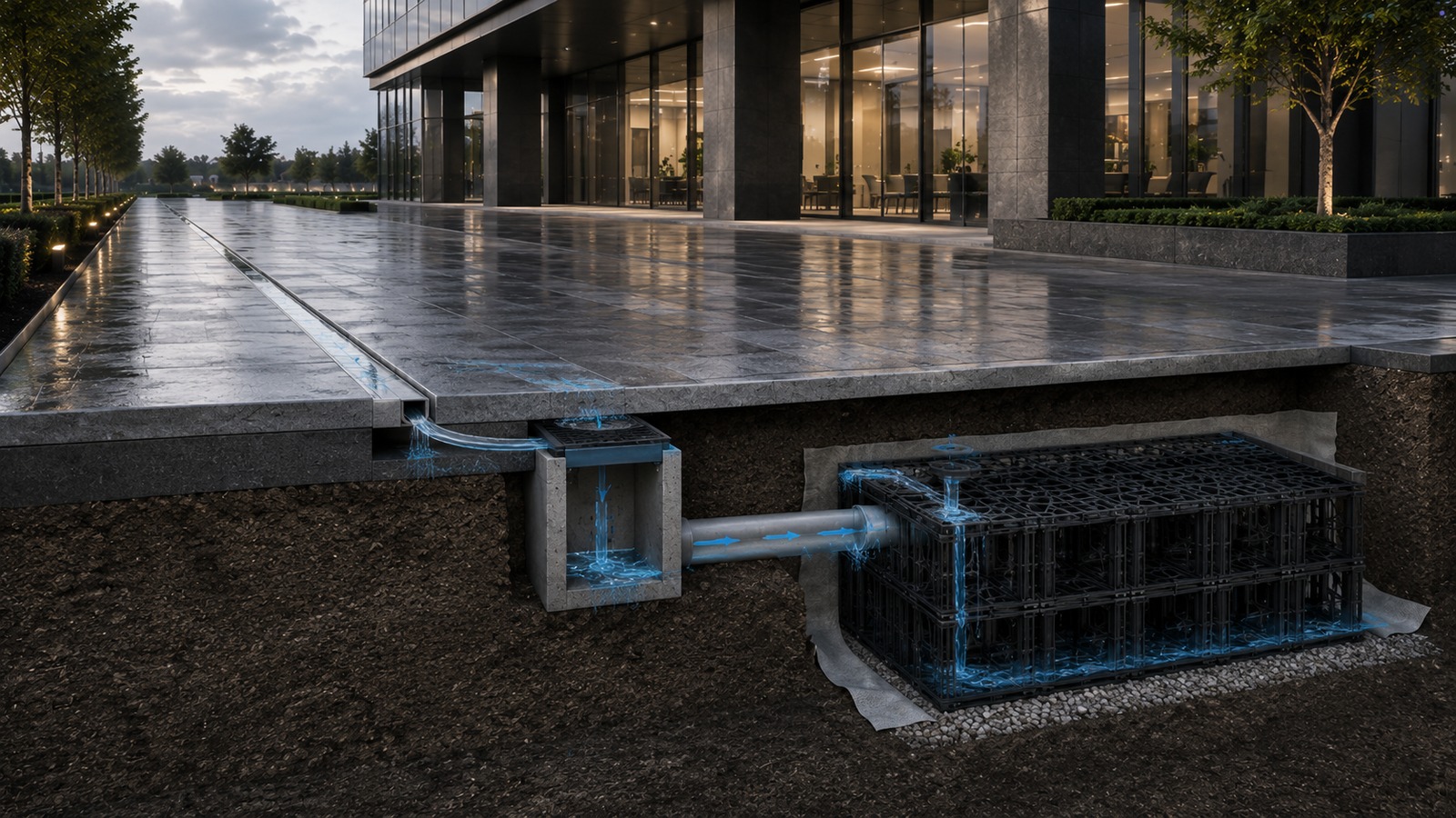 External surface drainage system cutaway showing slot drain, catch basin, stormwater pipe and rainwater management