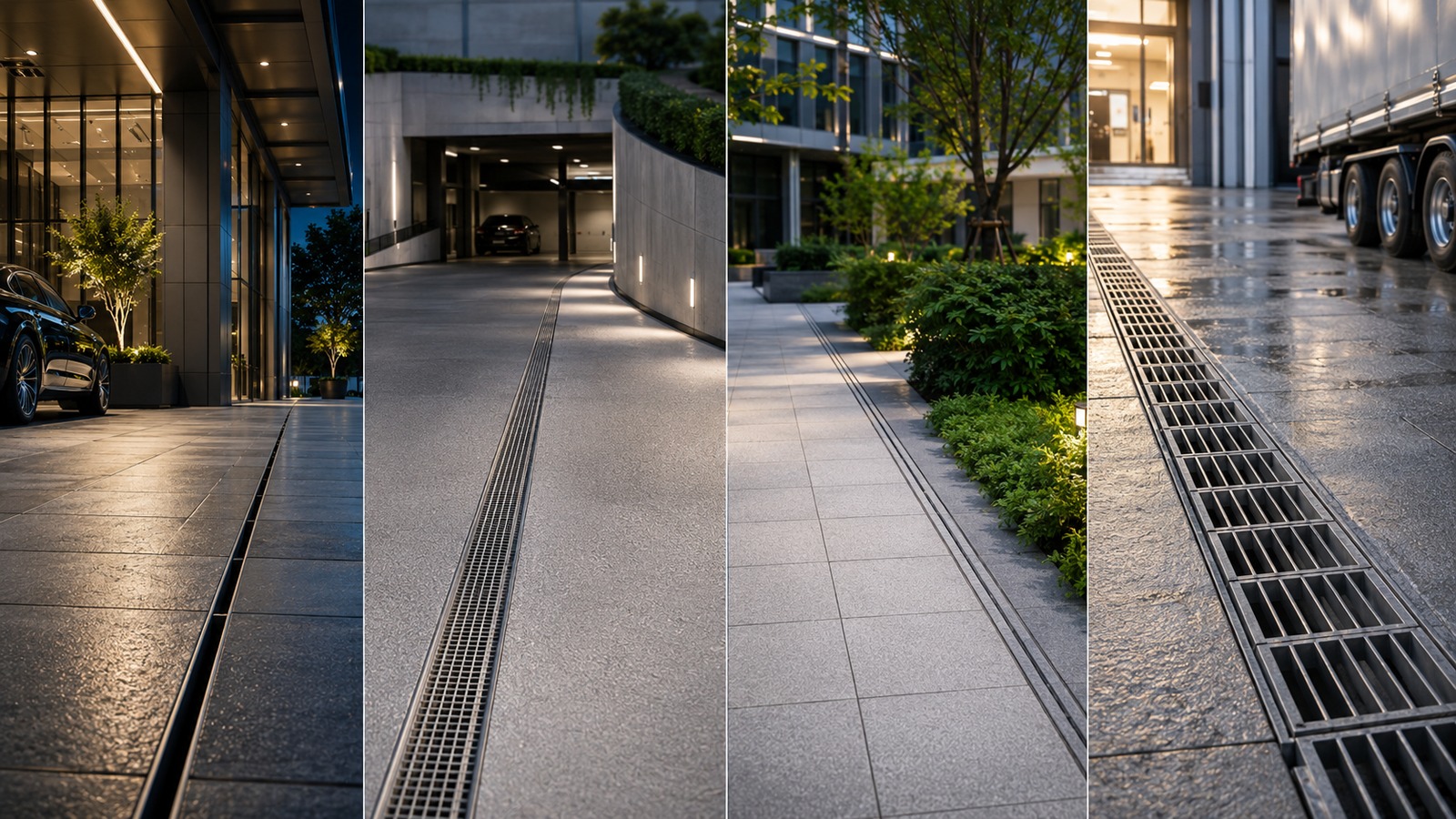 Commercial drainage channel applications with slot drains and channels across commercial building areas
