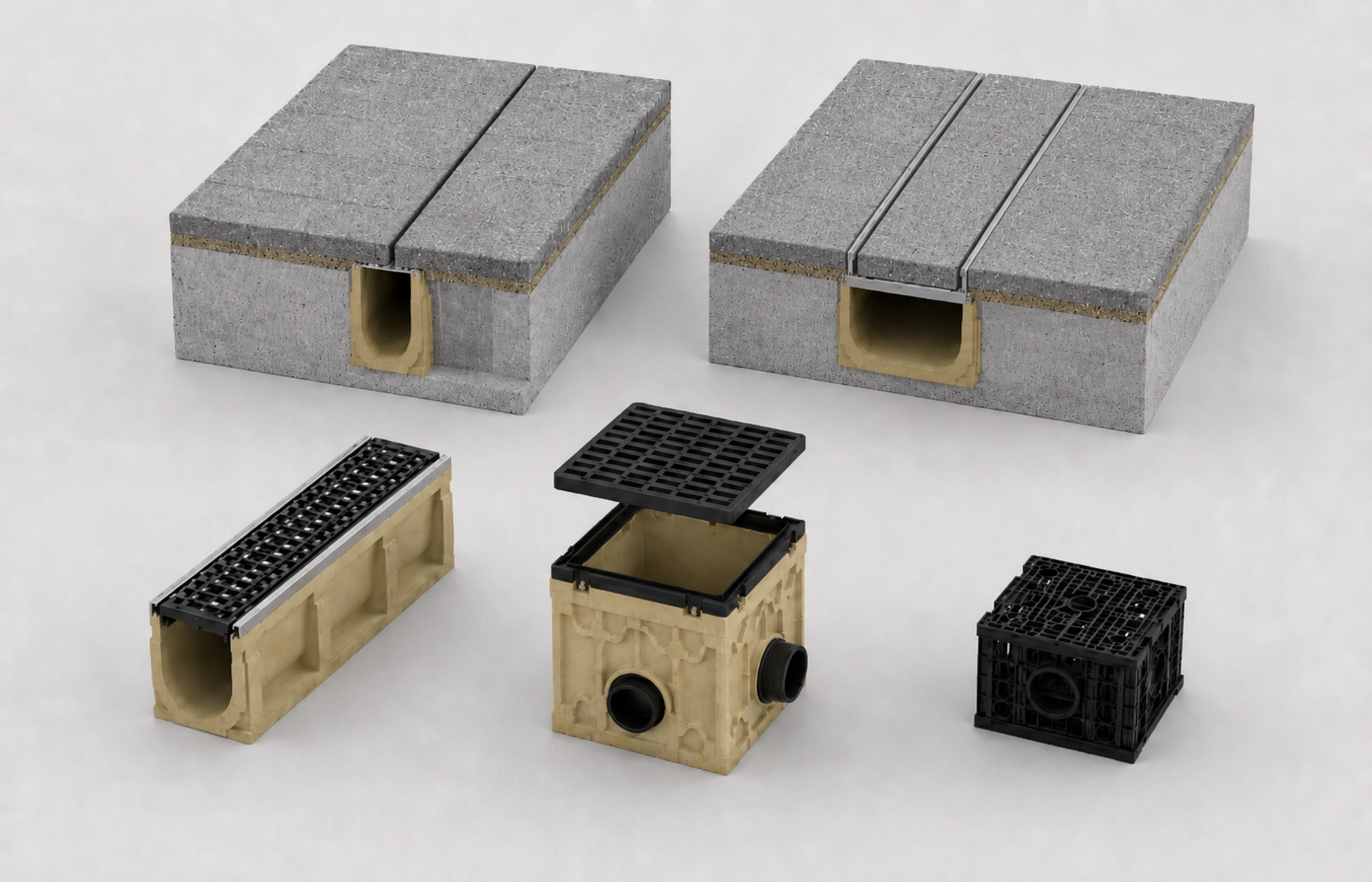 ACO drainage channel components including polymer concrete channel, slot drain, grating, catch basin and stormwater pipe