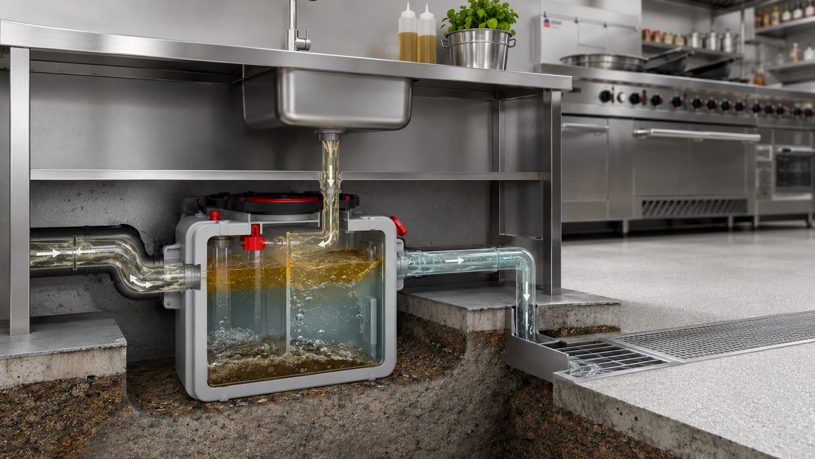 Cutaway view of wastewater entering an ACO grease separator with grease floating at the top, solids settling and cleaner water leaving