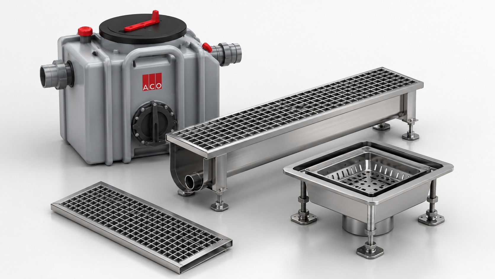 ACO commercial kitchen drainage components including stainless steel channel drains, floor drain and grease separator