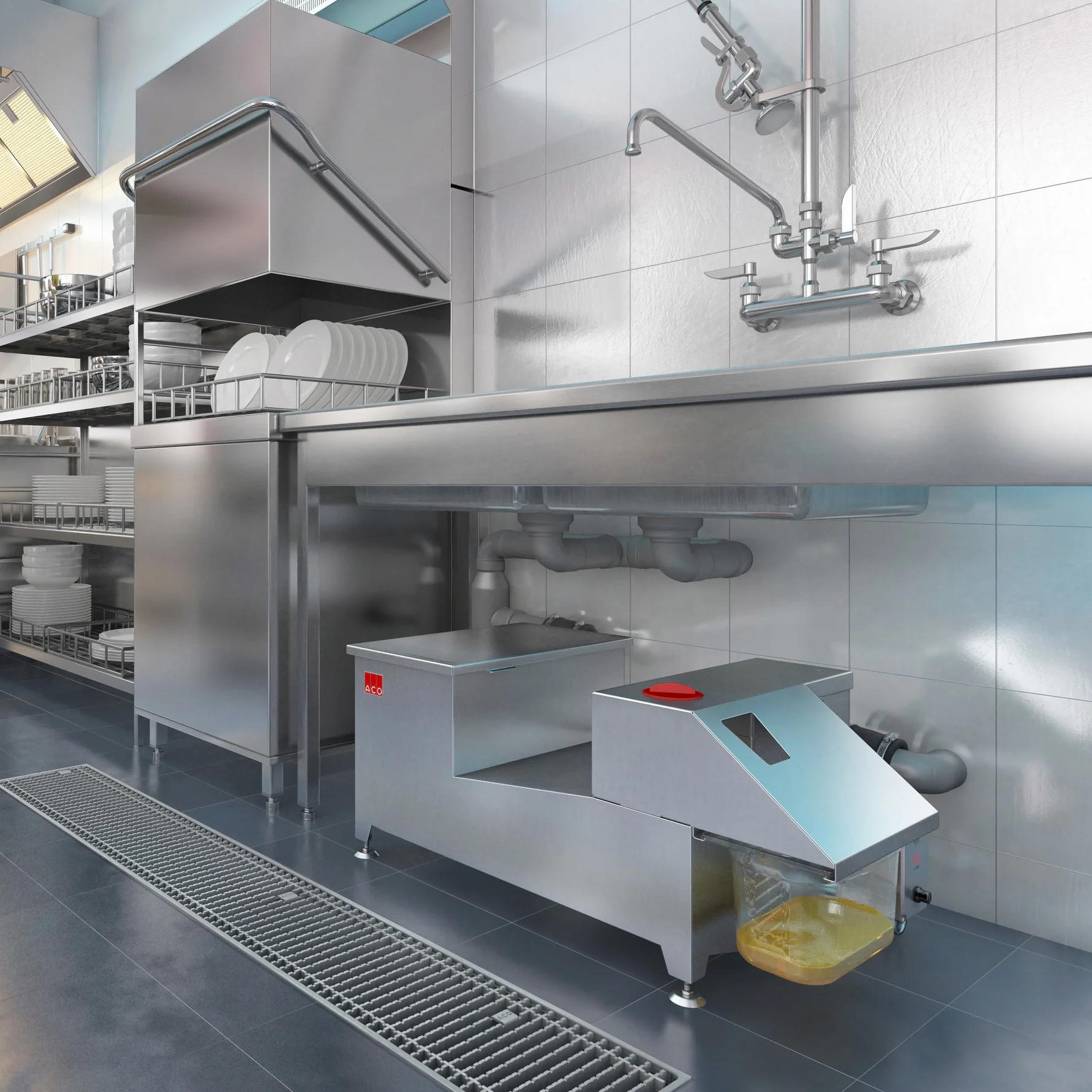 Modern commercial kitchen with stainless steel floor channel drainage and ACO LipuMobil-P grease separator beneath the sink